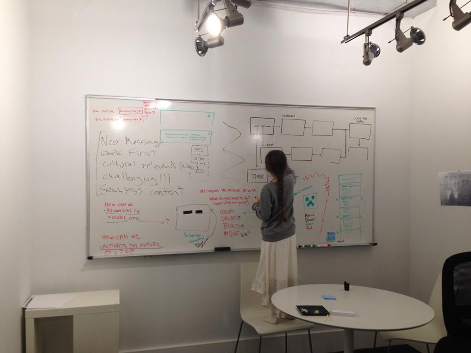 Woman at whiteboard drawing nonsense