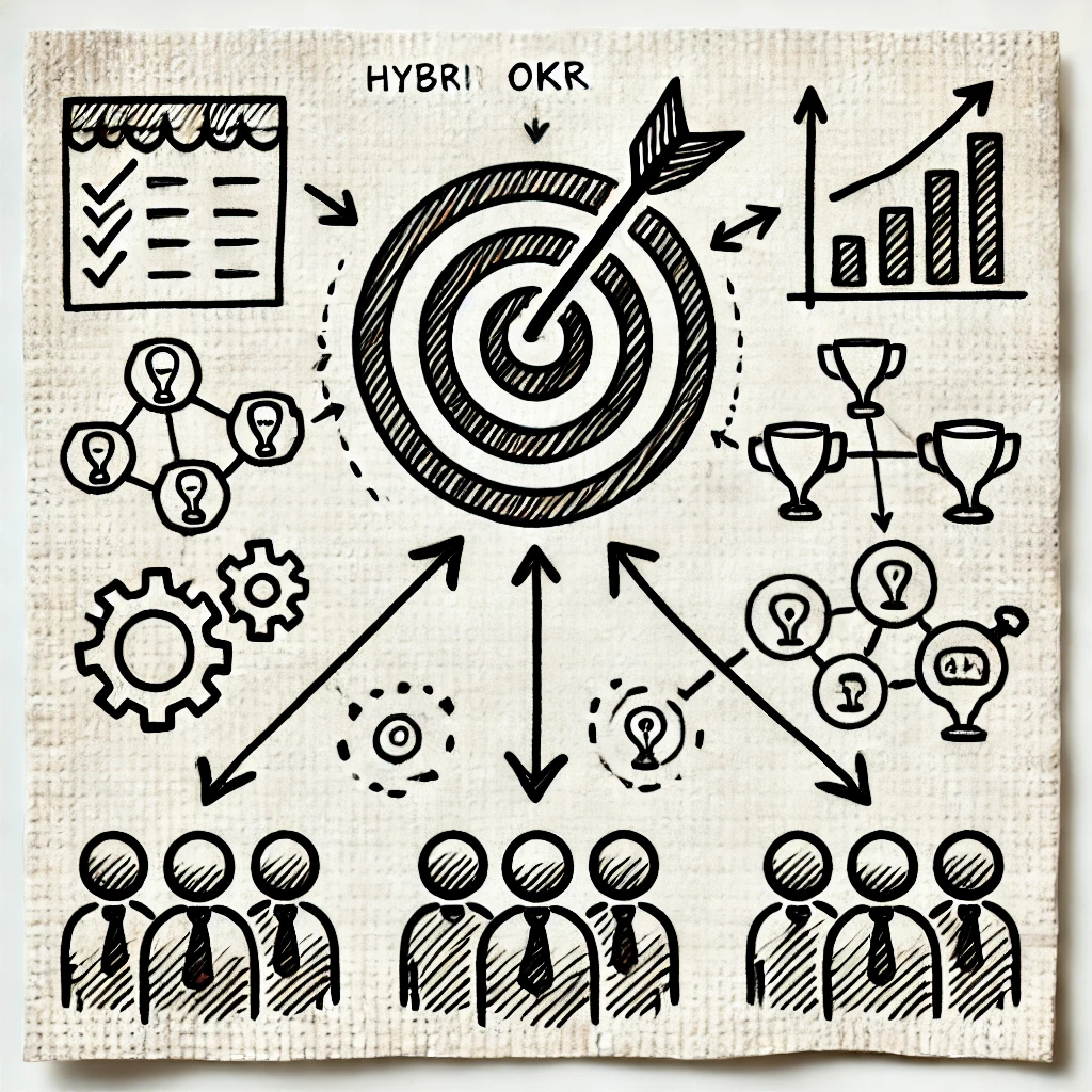 A-rough-hand-drawn-napkin-sketch-illustrating-a-hybrid-OKR-approach-but-with-no-text-or-words.-The-image-features-a-central-target-icon