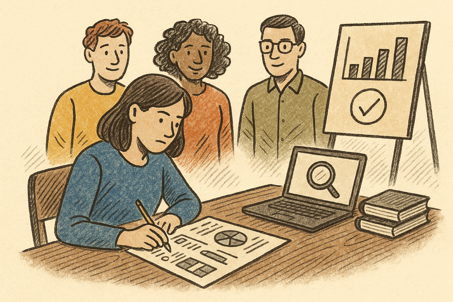 an overworked researcher at a desk with 3 colleagues looking over her shoulder, sketch