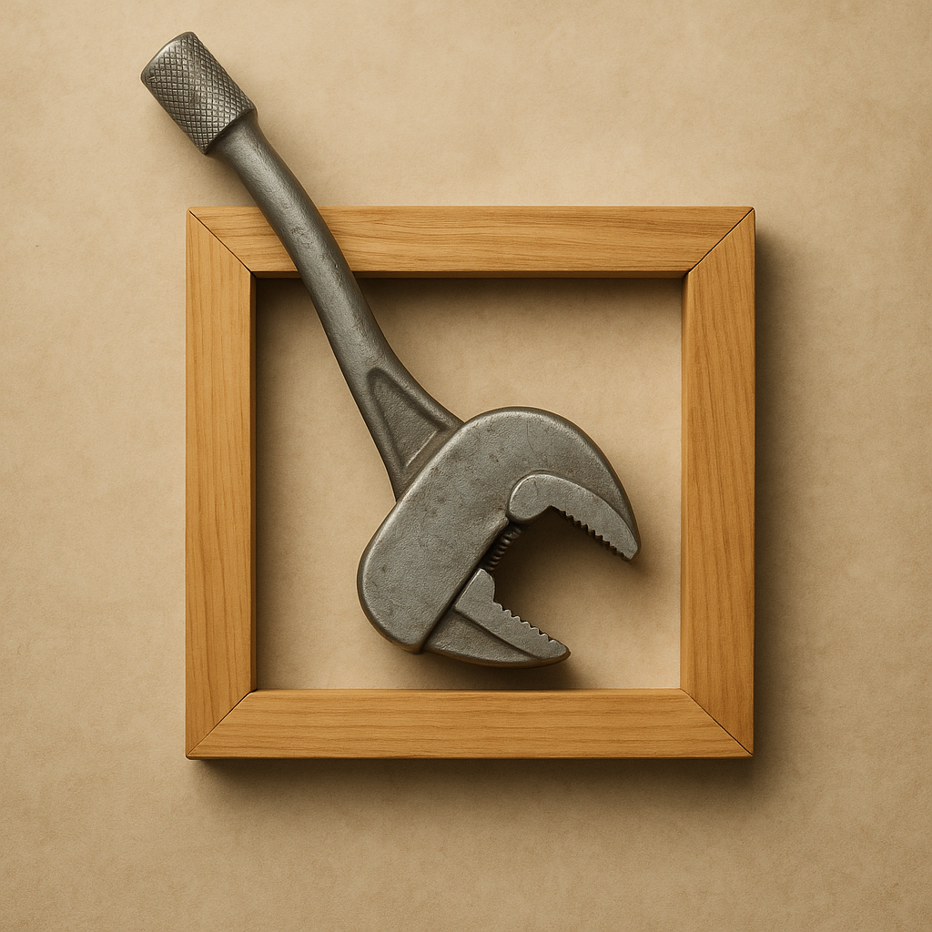a wrench being forced into a square wooden frame