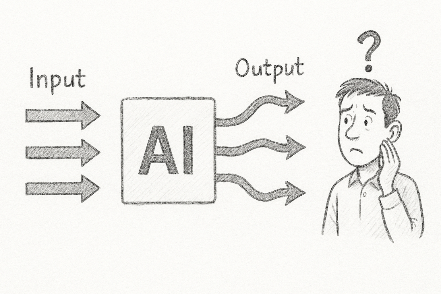 input into an AI system coming out as different output and a confused user looking on