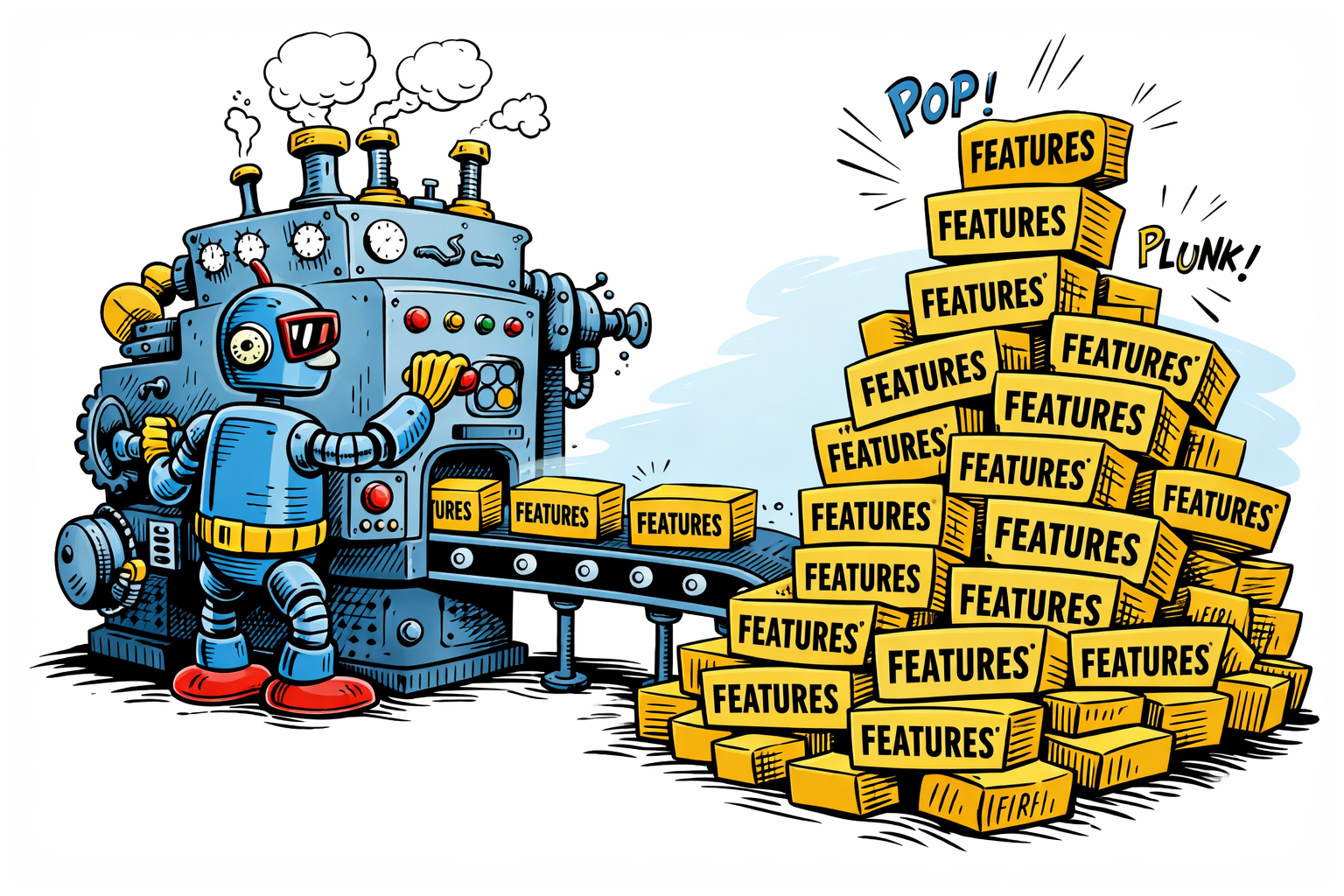 robot working a machine that churns out boxes that say features on them. cartoon.