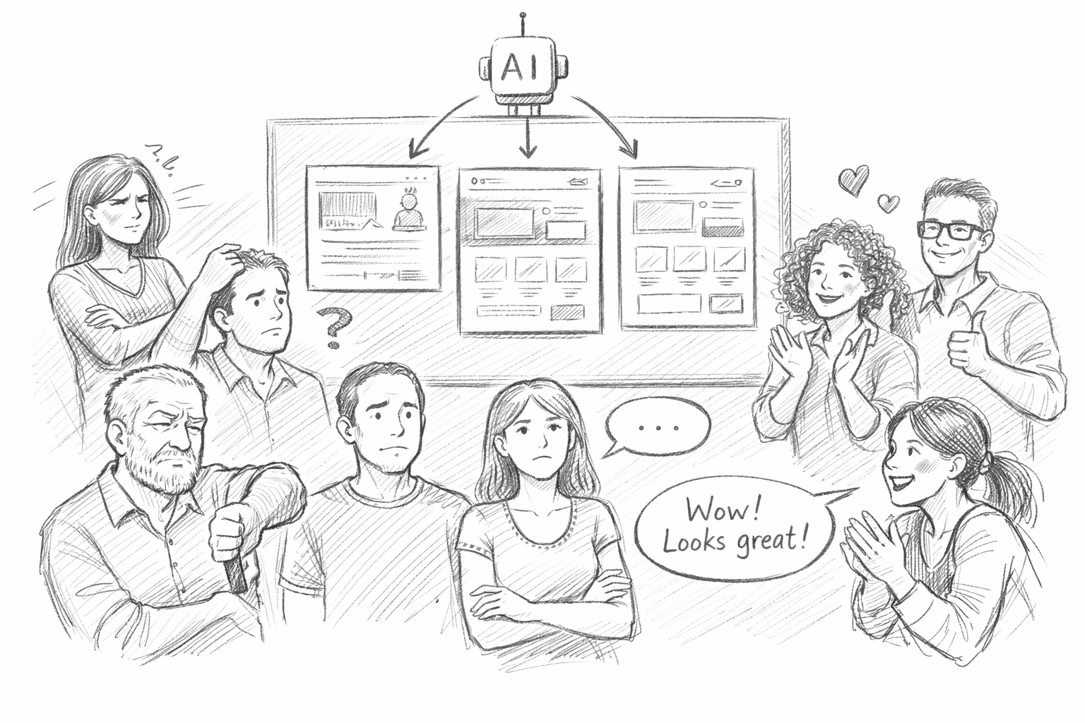 different people reacting to an AI created design in different ways. pencil sketch