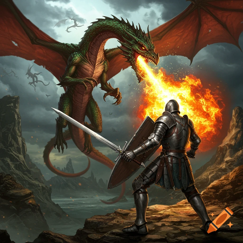 knight defending himself from a fire breathing dragon