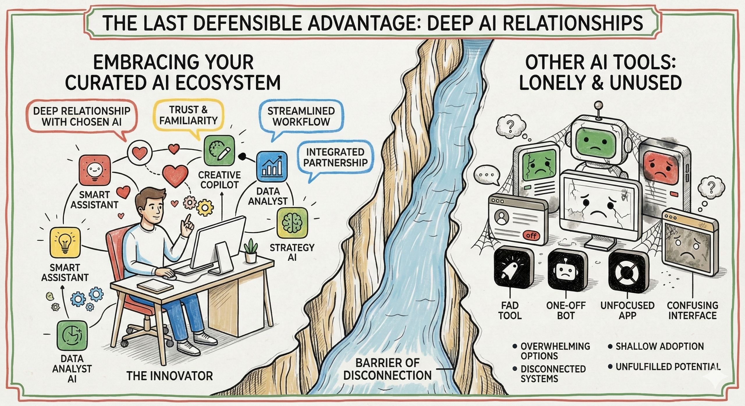 image of a user happy with their various AI tools separated by a moat with lonely, unused AI tools on the other side