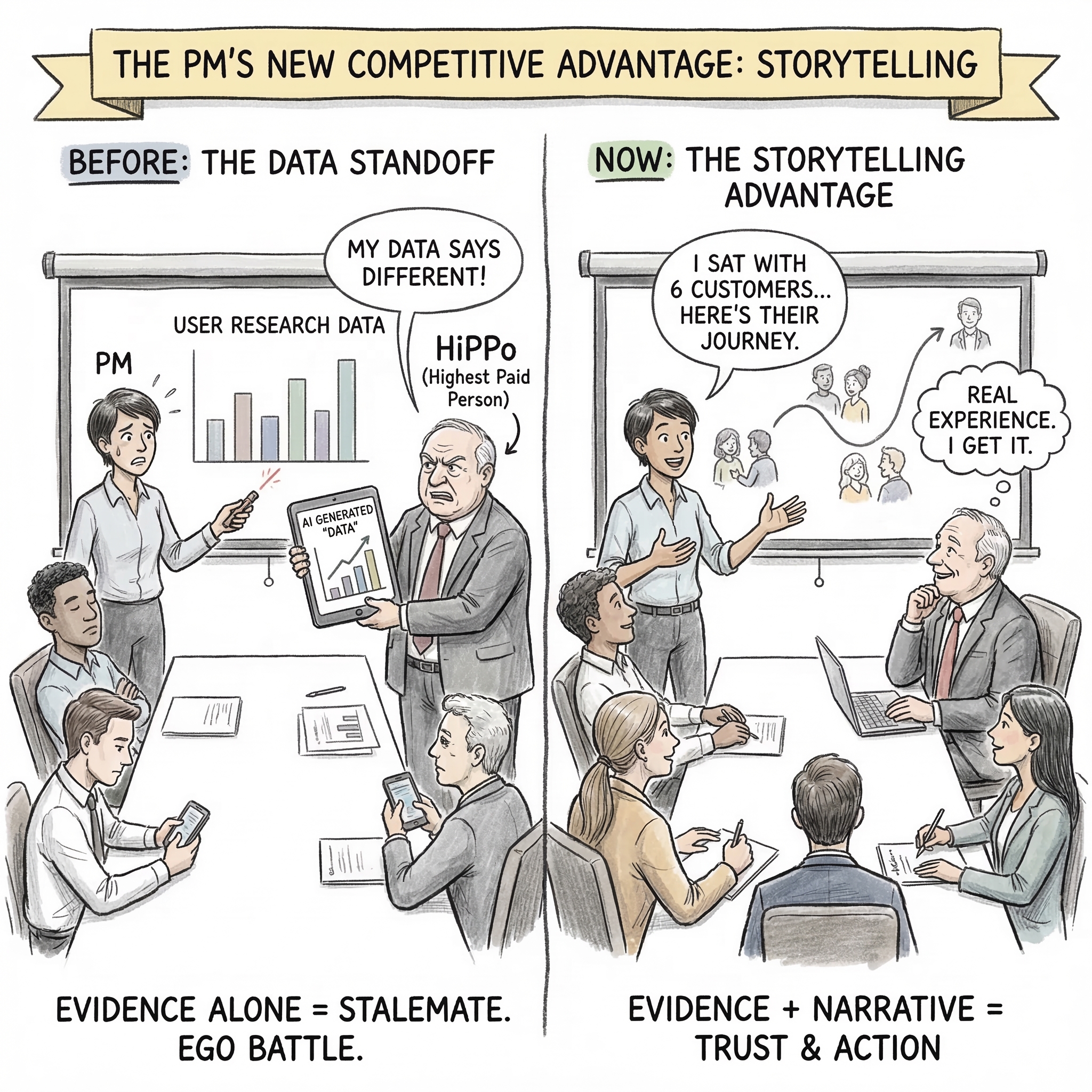 Storytelling comparison of two rooms. The speaker with the good story is winning over the room.