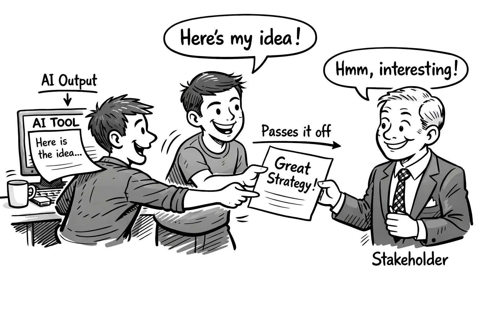 two workers getting an AI report and handing it to their boss or stakeholder without considering it at all