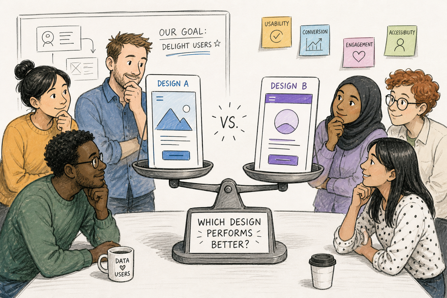 A diverse team evaluates two screen designs as they are weighed on a scale on a table
